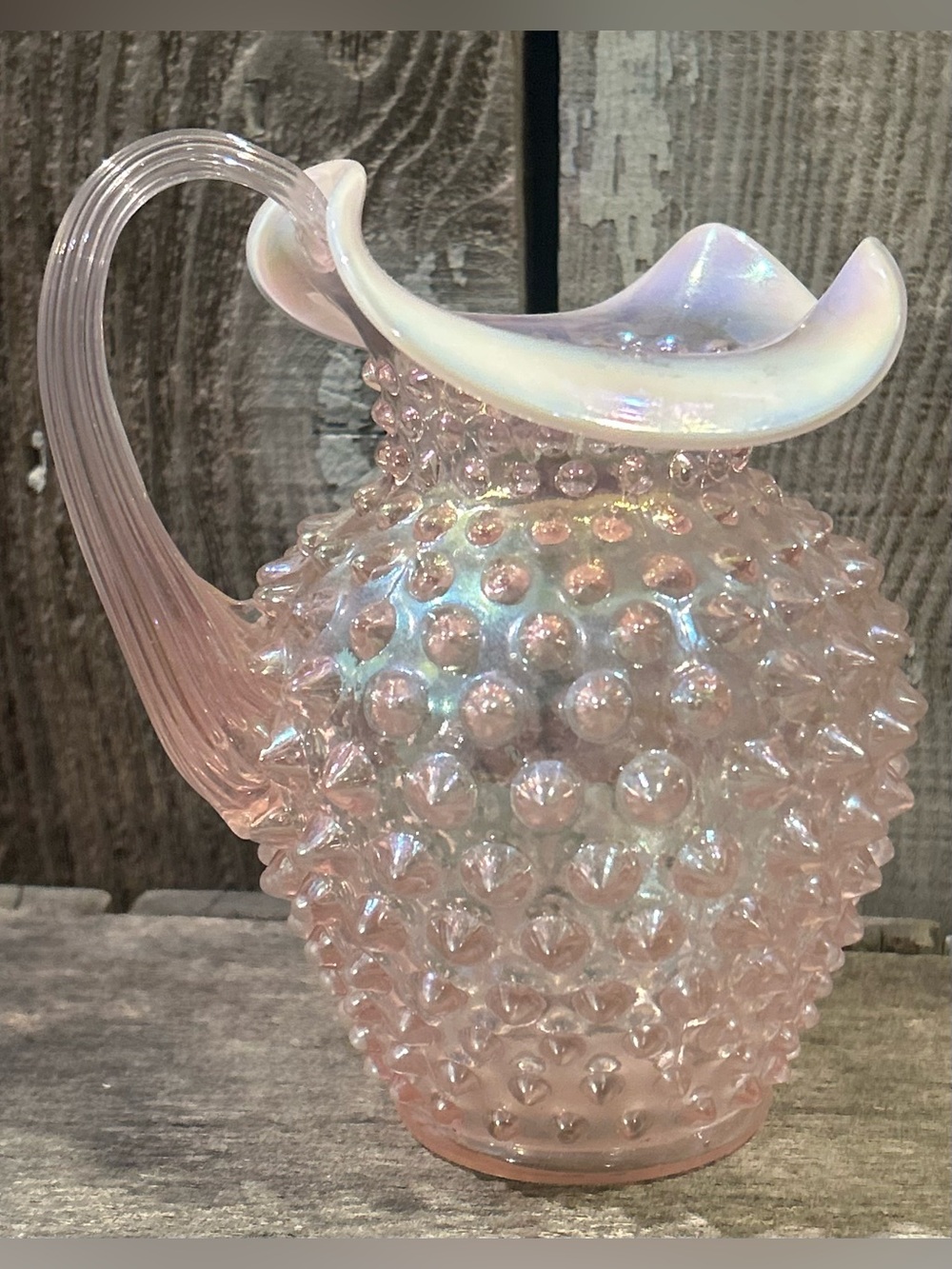 Vintage Fenton Pink Chiffon Opalescent Hobnail Pitcher